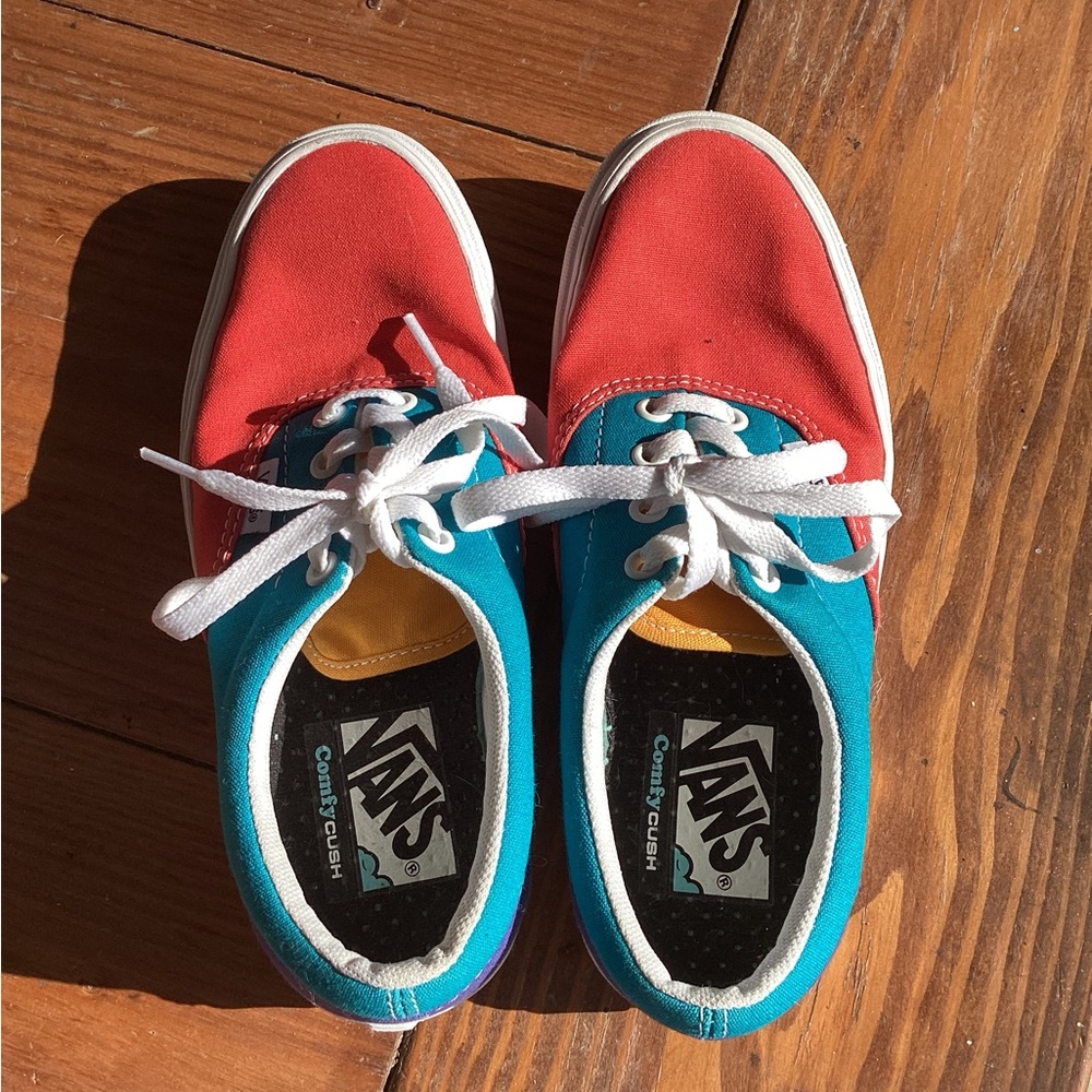 Comfy Cush Vans, women's size 6. With the colors red, a yellow, blue, purple.